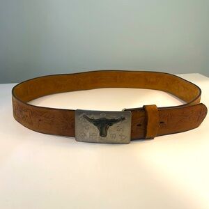 Vintage Chambers Western Tooled Tan Leather Belt 40